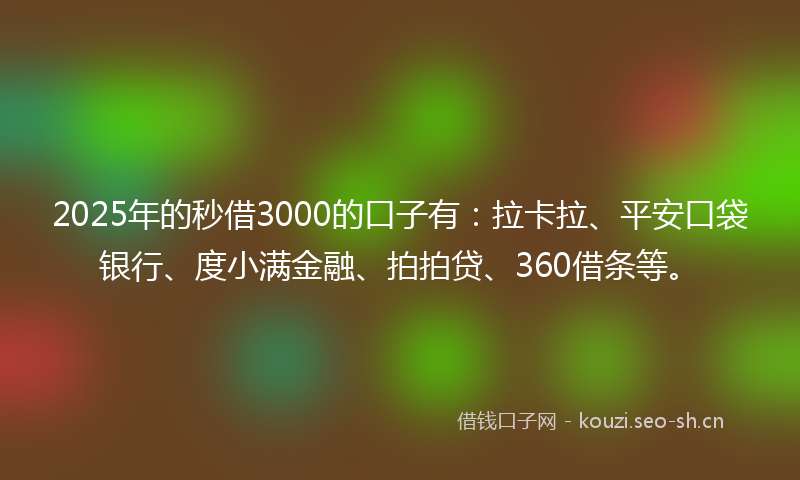 2025年的秒借3000的口子有：拉卡拉、平安口袋银行、度小满金融、拍拍贷、360借条等。