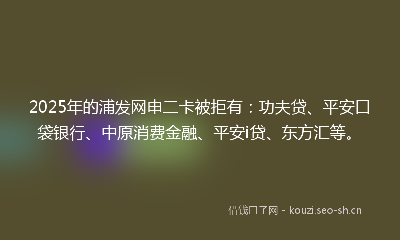 2025年的浦发网申二卡被拒有：功夫贷、平安口袋银行、中原消费金融、平安i贷、东方汇等。
