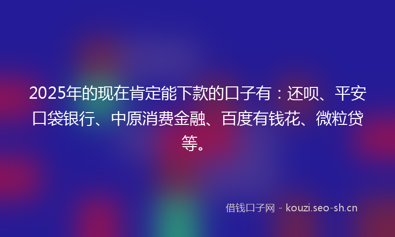 2025年的现在肯定能下款的口子有：还呗、平安口袋银行、中原消费金融、百度有钱花、微粒贷等。