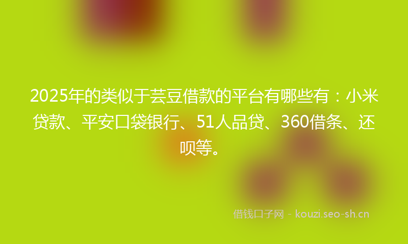 2025年的类似于芸豆借款的平台有哪些有：小米贷款、平安口袋银行、51人品贷、360借条、还呗等。