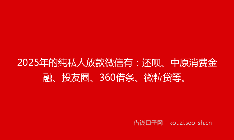 2025年的纯私人放款微信有：还呗、中原消费金融、投友圈、360借条、微粒贷等。