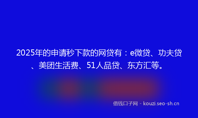 2025年的申请秒下款的网贷有:e微贷、功夫贷、美团生活费、51人品贷、东方汇等。