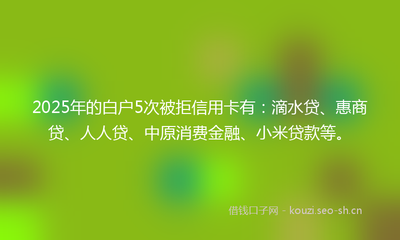 2025年的白户5次被拒信用卡有：滴水贷、惠商贷、人人贷、中原消费金融、小米贷款等。