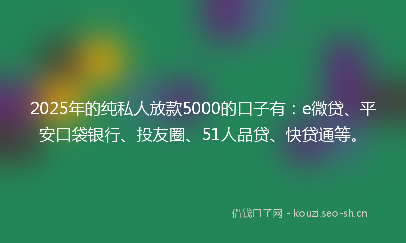 2025年的纯私人放款5000的口子有：e微贷、平安口袋银行、投友圈、51人品贷、快贷通等。