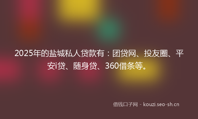 2025年的盐城私人贷款有：团贷网、投友圈、平安i贷、随身贷、360借条等。