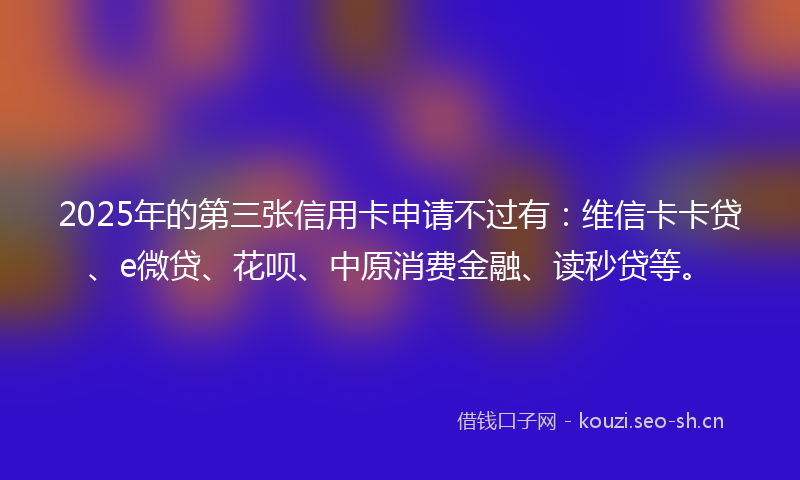 2025年的第三张信用卡申请不过有:维信卡卡贷、e微贷、花呗、中原消费金融、读秒贷等。