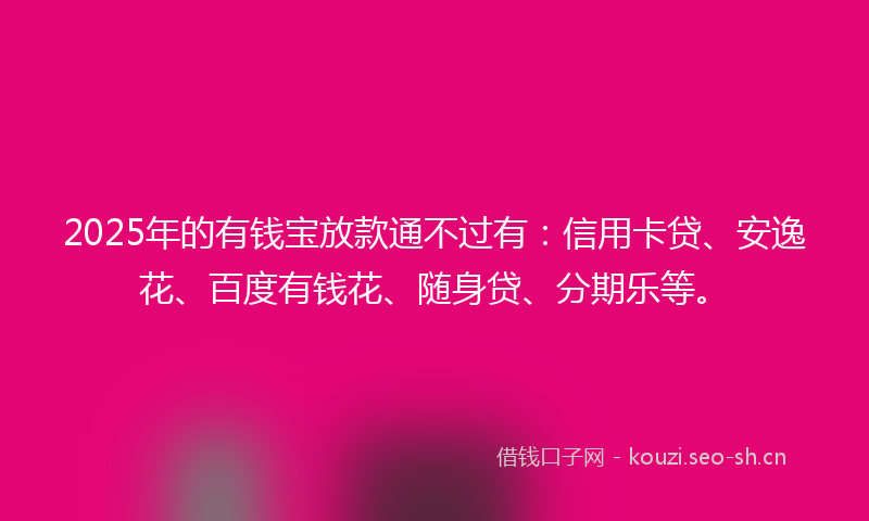 2025年的有钱宝放款通不过有：信用卡贷、安逸花、百度有钱花、随身贷、分期乐等。