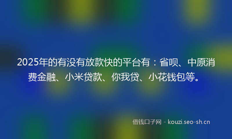 2025年的有没有放款快的平台有：省呗、中原消费金融、小米贷款、你我贷、小花钱包等。