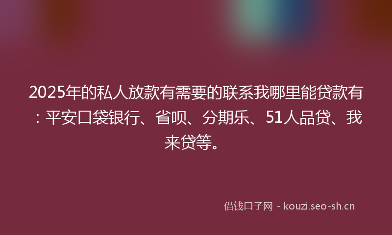 2025年的私人放款有需要的联系我哪里能贷款有：平安口袋银行、省呗、分期乐、51人品贷、我来贷等。