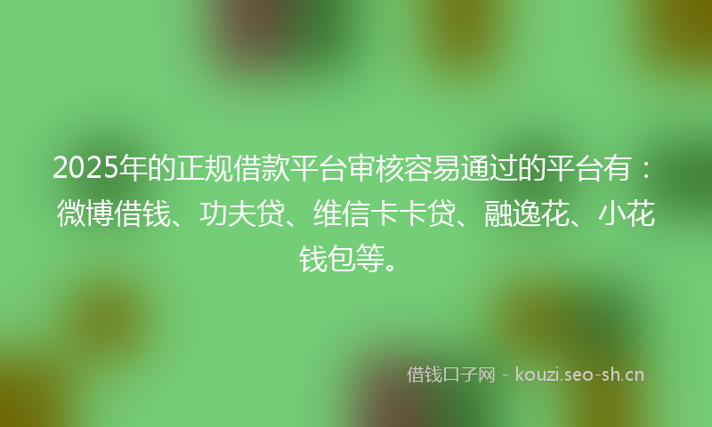 2025年的正规借款平台审核容易通过的平台有：微博借钱、功夫贷、维信卡卡贷、融逸花、小花钱包等。