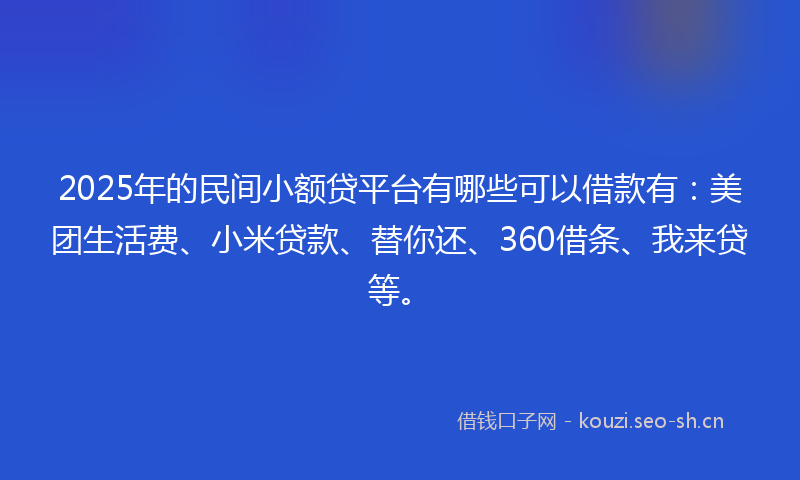 2025年的民间小额贷平台有哪些可以借款有：美团生活费、小米贷款、替你还、360借条、我来贷等。