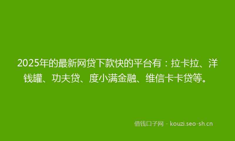 2025年的最新网贷下款快的平台有：拉卡拉、洋钱罐、功夫贷、度小满金融、维信卡卡贷等。