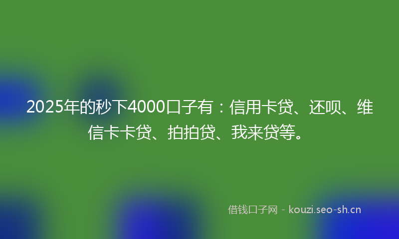 2025年的秒下4000口子有:信用卡贷、还呗、维信卡卡贷、拍拍贷、我来贷等。