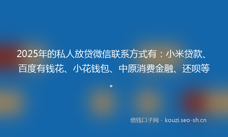 2025年的私人放贷微信联系方式有：小米贷款、百度有钱花、小花钱包、中原消费金融、还呗等。
