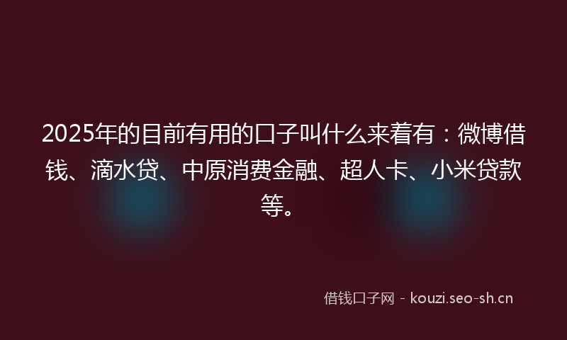2025年的目前有用的口子叫什么来着有：微博借钱、滴水贷、中原消费金融、超人卡、小米贷款等。