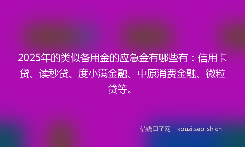 2025年的类似备用金的应急金有哪些有：信用卡贷、读秒贷、度小满金融、中原消费金融、微粒贷等。