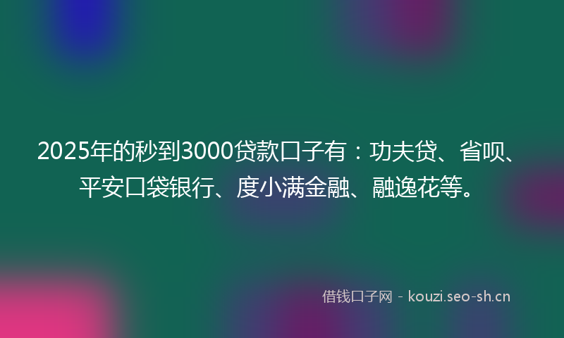 2025年的秒到3000贷款口子有：功夫贷、省呗、平安口袋银行、度小满金融、融逸花等。