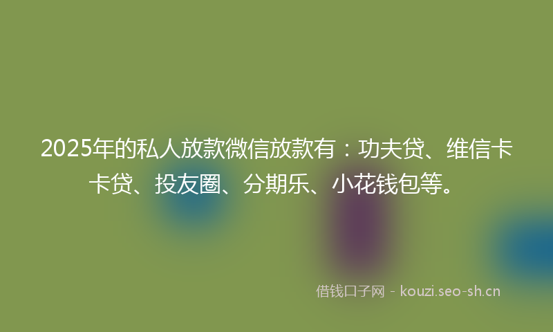2025年的私人放款微信放款有：功夫贷、维信卡卡贷、投友圈、分期乐、小花钱包等。