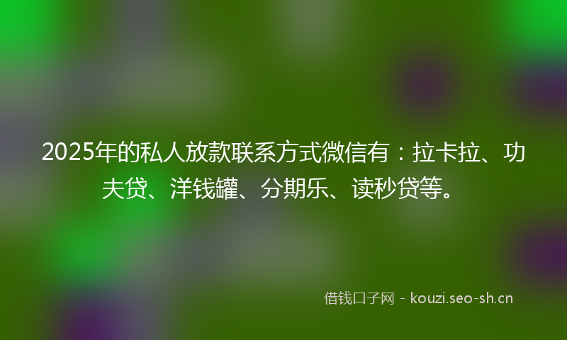 2025年的私人放款联系方式微信有：拉卡拉、功夫贷、洋钱罐、分期乐、读秒贷等。