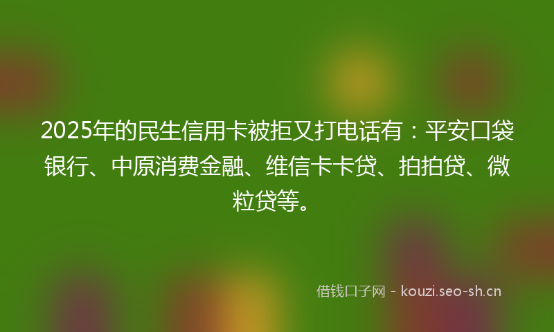 2025年的民生信用卡被拒又打电话有：平安口袋银行、中原消费金融、维信卡卡贷、拍拍贷、微粒贷等。