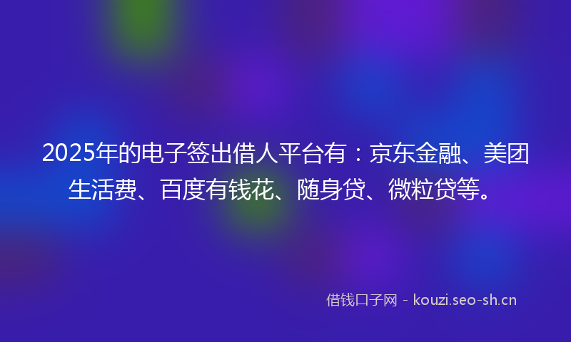 2025年的电子签出借人平台有：京东金融、美团生活费、百度有钱花、随身贷、微粒贷等。