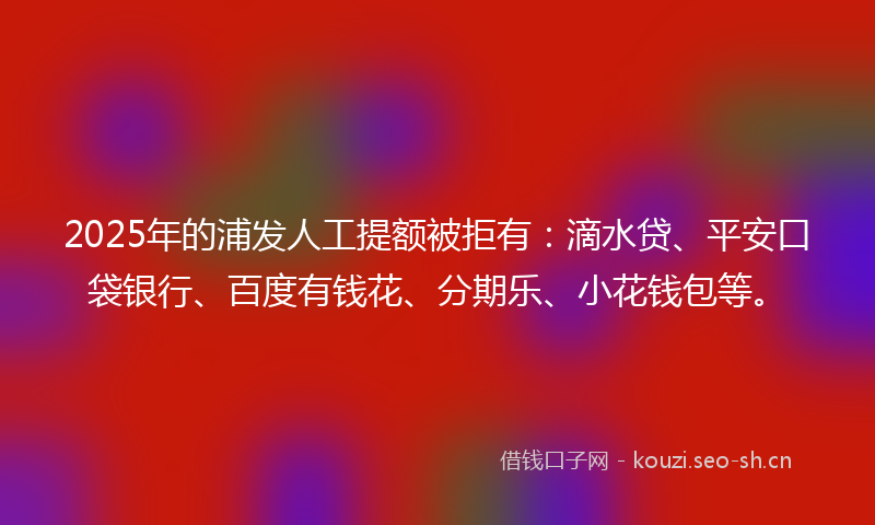2025年的浦发人工提额被拒有：滴水贷、平安口袋银行、百度有钱花、分期乐、小花钱包等。