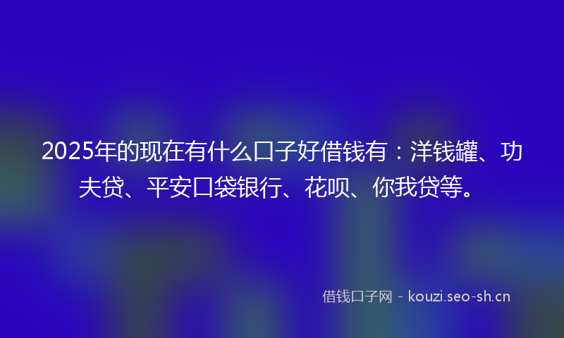 2025年的现在有什么口子好借钱有：洋钱罐、功夫贷、平安口袋银行、花呗、你我贷等。