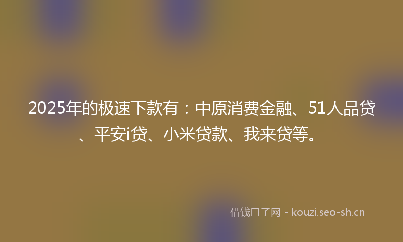 2025年的极速下款有：中原消费金融、51人品贷、平安i贷、小米贷款、我来贷等。