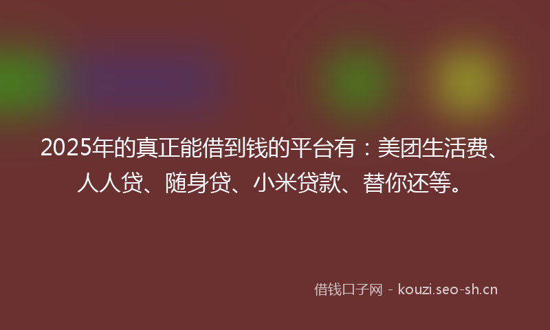 2025年的真正能借到钱的平台有：美团生活费、人人贷、随身贷、小米贷款、替你还等。