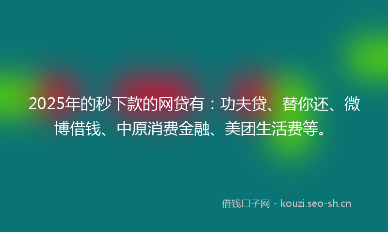 2025年的秒下款的网贷有：功夫贷、替你还、微博借钱、中原消费金融、美团生活费等。