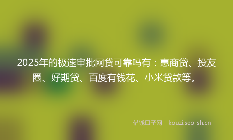 2025年的极速审批网贷可靠吗有:惠商贷、投友圈、好期贷、百度有钱花、小米贷款等。