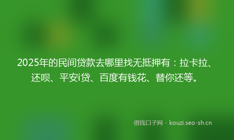 2025年的民间贷款去哪里找无抵押有：拉卡拉、还呗、平安i贷、百度有钱花、替你还等。
