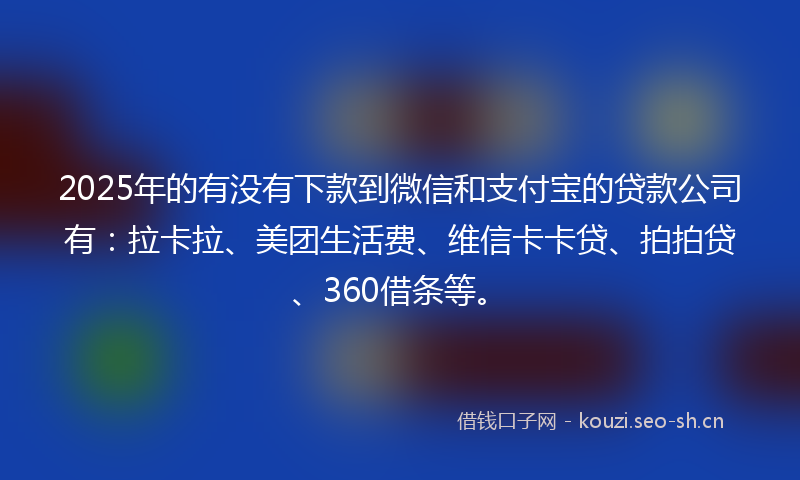 2025年的有没有下款到微信和支付宝的贷款公司有：拉卡拉、美团生活费、维信卡卡贷、拍拍贷、360借条等。