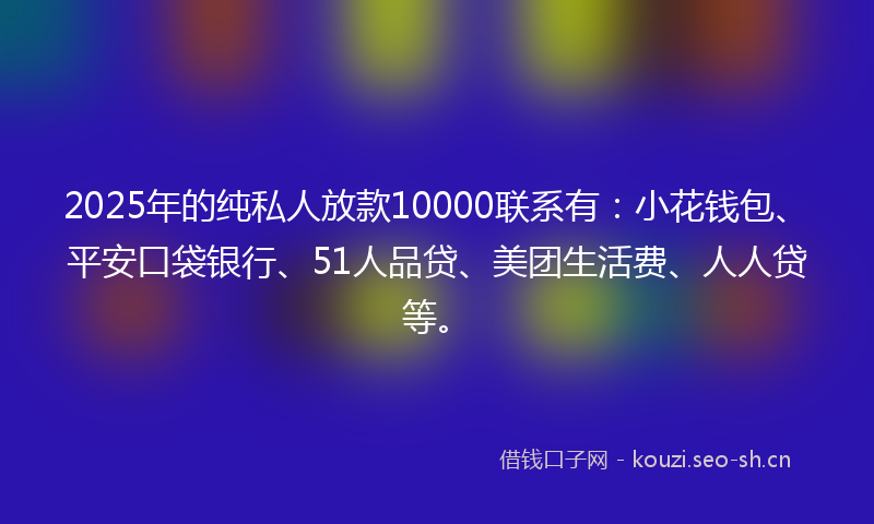 2025年的纯私人放款10000联系有：小花钱包、平安口袋银行、51人品贷、美团生活费、人人贷等。