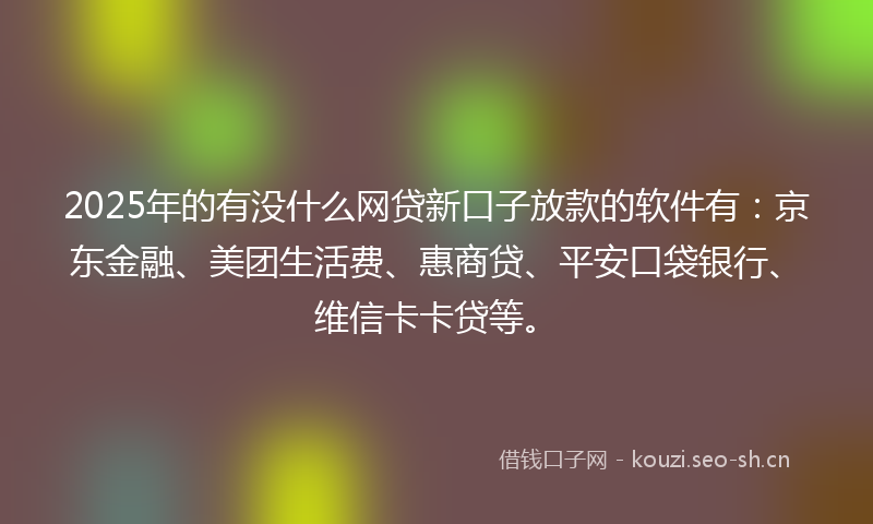 2025年的有没什么网贷新口子放款的软件有：京东金融、美团生活费、惠商贷、平安口袋银行、维信卡卡贷等。