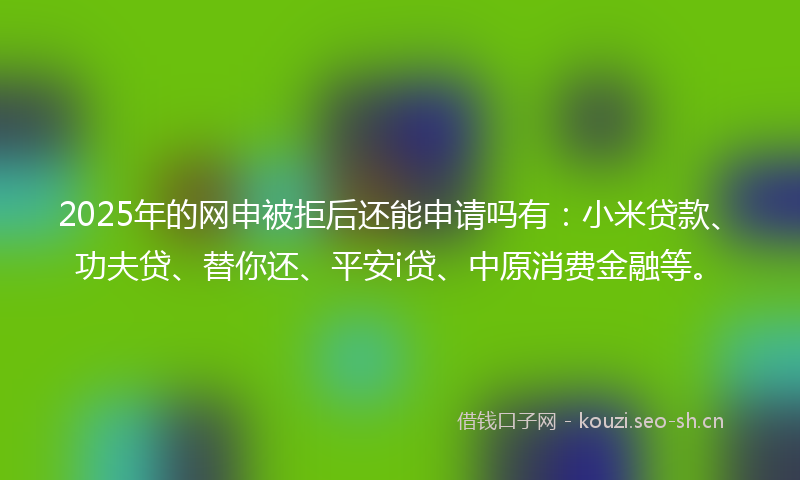 2025年的网申被拒后还能申请吗有：小米贷款、功夫贷、替你还、平安i贷、中原消费金融等。