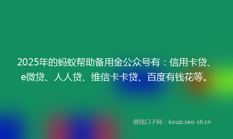 2025年的蚂蚁帮助备用金公众号有：信用卡贷、e微贷、人人贷、维信卡卡贷、百度有钱花等。