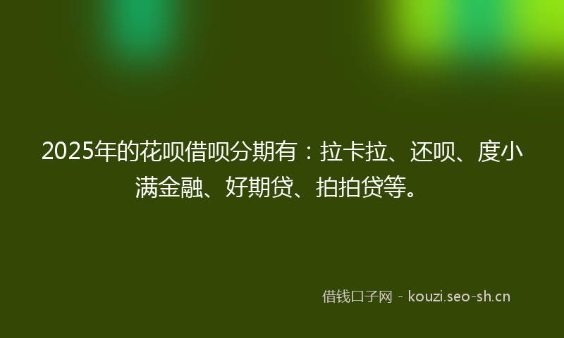 2025年的花呗借呗分期有:拉卡拉、还呗、度小满金融、好期贷、拍拍贷等。