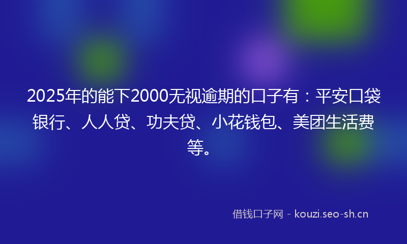 2025年的能下2000无视逾期的口子有：平安口袋银行、人人贷、功夫贷、小花钱包、美团生活费等。