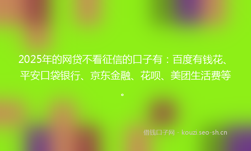 2025年的网贷不看征信的口子有：百度有钱花、平安口袋银行、京东金融、花呗、美团生活费等。