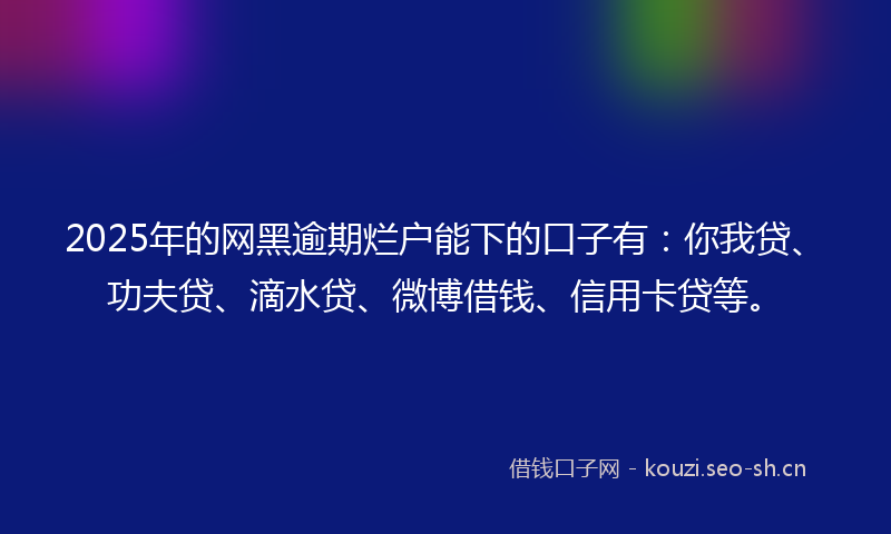 2025年的网黑逾期烂户能下的口子有：你我贷、功夫贷、滴水贷、微博借钱、信用卡贷等。