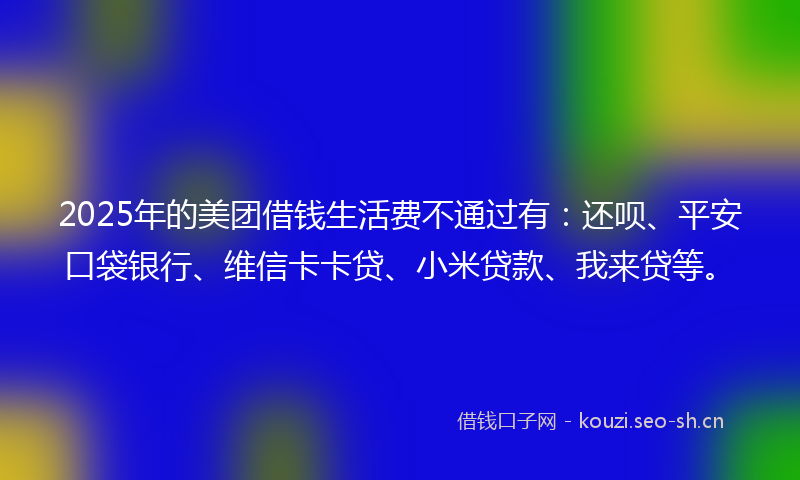 2025年的美团借钱生活费不通过有：还呗、平安口袋银行、维信卡卡贷、小米贷款、我来贷等。