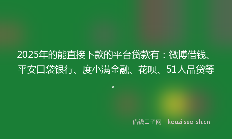 2025年的能直接下款的平台贷款有：微博借钱、平安口袋银行、度小满金融、花呗、51人品贷等。
