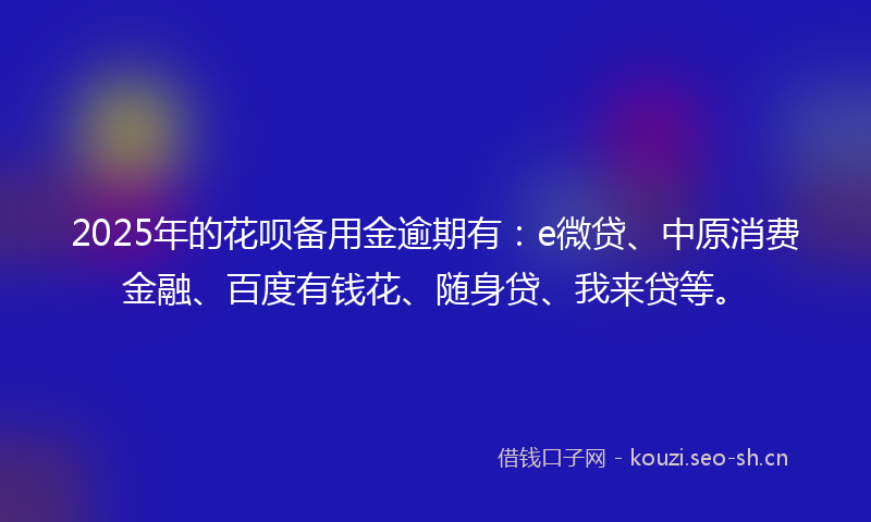 2025年的花呗备用金逾期有：e微贷、中原消费金融、百度有钱花、随身贷、我来贷等。