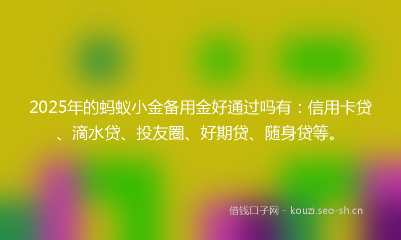 2025年的蚂蚁小金备用金好通过吗有：信用卡贷、滴水贷、投友圈、好期贷、随身贷等。