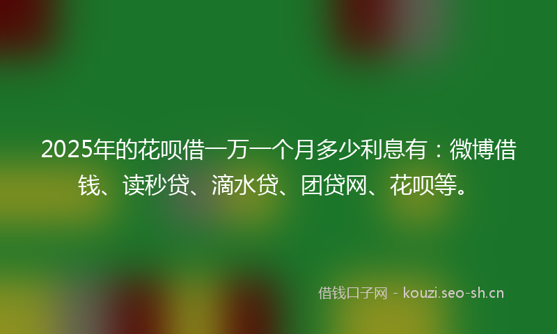 2025年的花呗借一万一个月多少利息有：微博借钱、读秒贷、滴水贷、团贷网、花呗等。