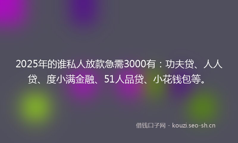 2025年的谁私人放款急需3000有：功夫贷、人人贷、度小满金融、51人品贷、小花钱包等。