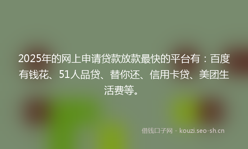 2025年的网上申请贷款放款最快的平台有：百度有钱花、51人品贷、替你还、信用卡贷、美团生活费等。