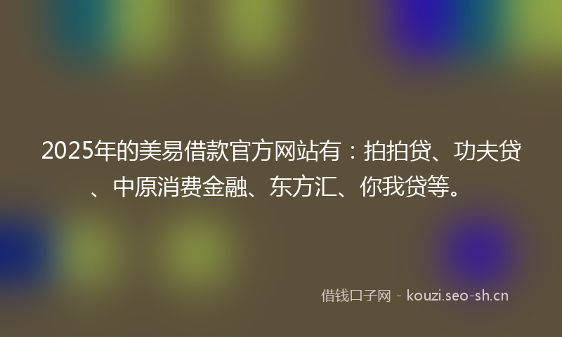 2025年的美易借款官方网站有：拍拍贷、功夫贷、中原消费金融、东方汇、你我贷等。