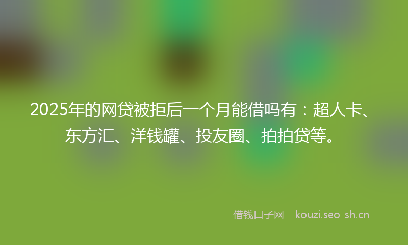 2025年的网贷被拒后一个月能借吗有:超人卡、东方汇、洋钱罐、投友圈、拍拍贷等。